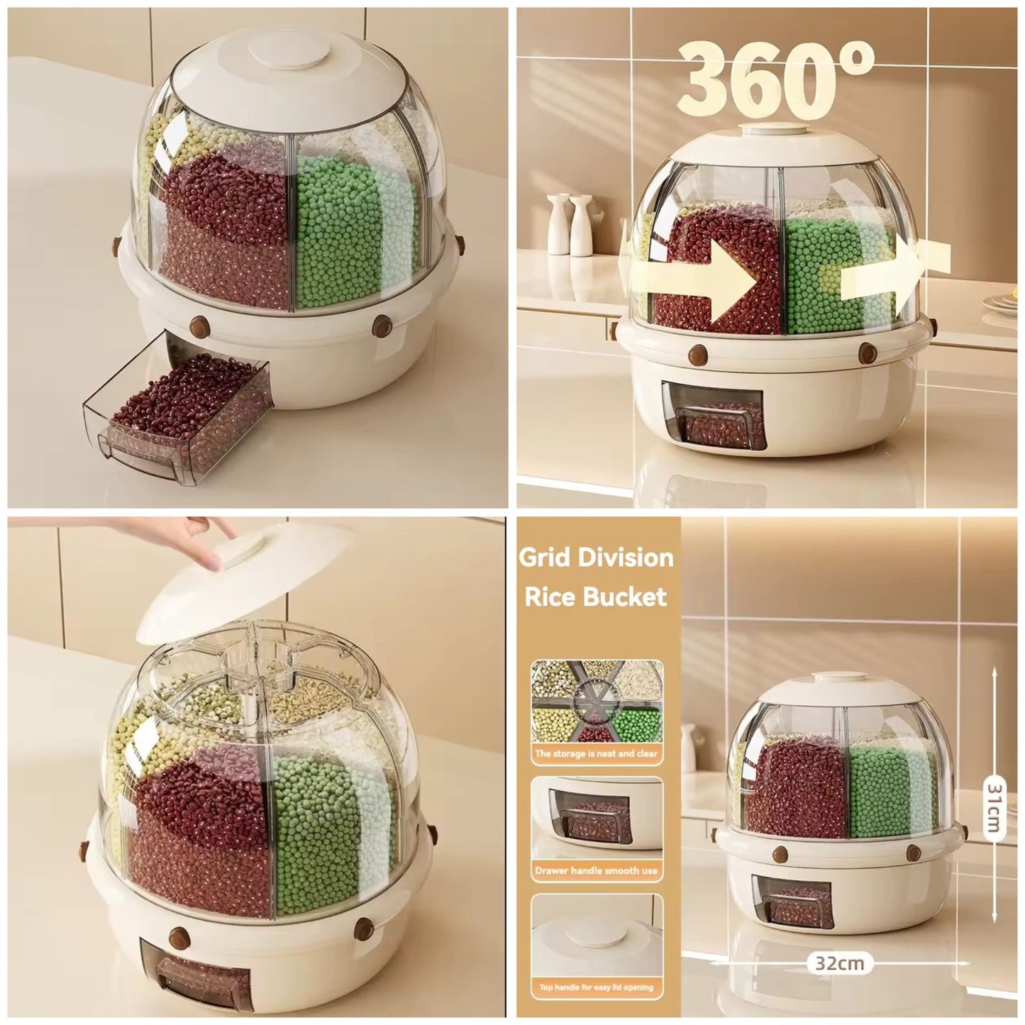 6-Grid Rotating Rice and Grain Organizer & Dispenser
