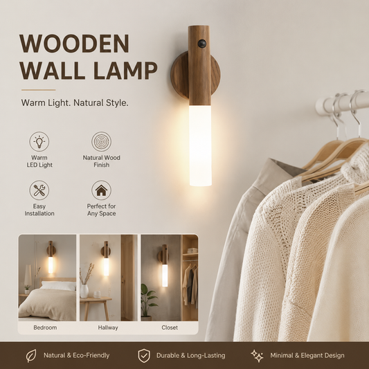 LED Wood Night Light PIR Motion Sensor Magnetic Wall Lamp USB Rechargeable Lights Home Staircase Bedroom Lamp Bedside Lighting