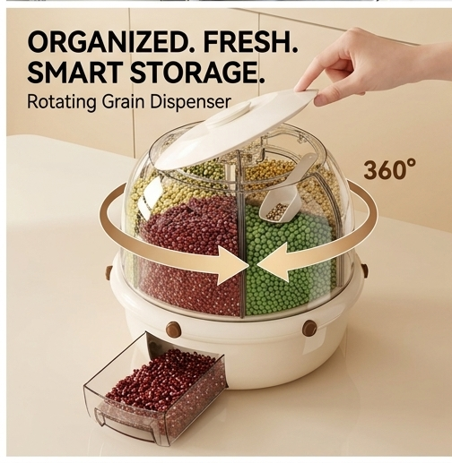 6-Grid Rotating Rice and Grain Organizer & Dispenser